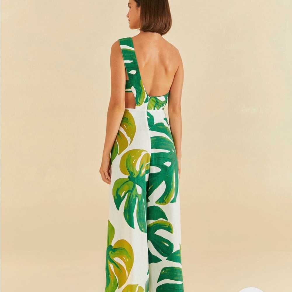 FARM Rio One-Shoulder Tropical Leaf Jumpsuit in Green and Cream - Picture 3 of 8